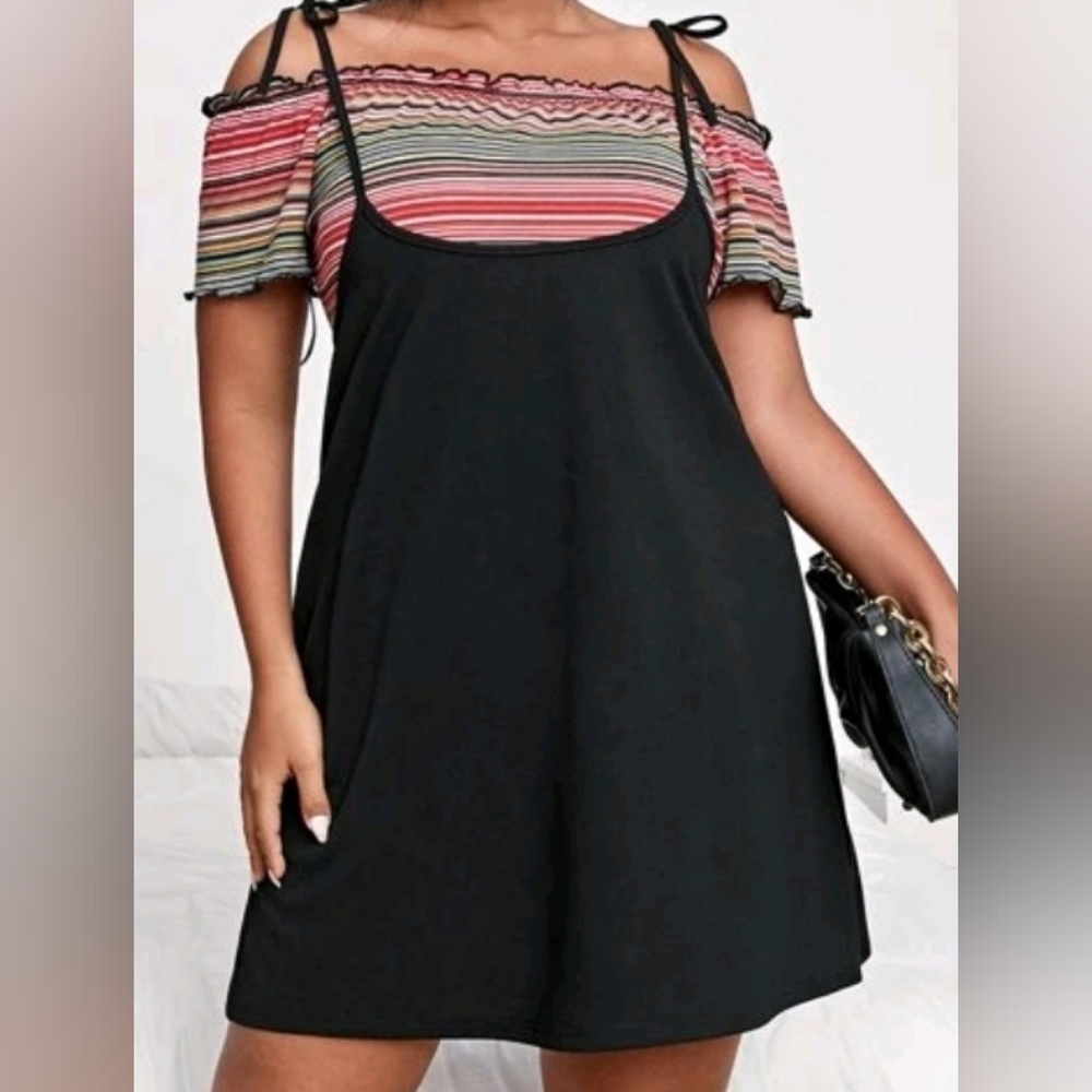 SHEIN Plus Off Shoulder Lettuce Trim Rainbow Striped Top & Knot Strap Dress Set